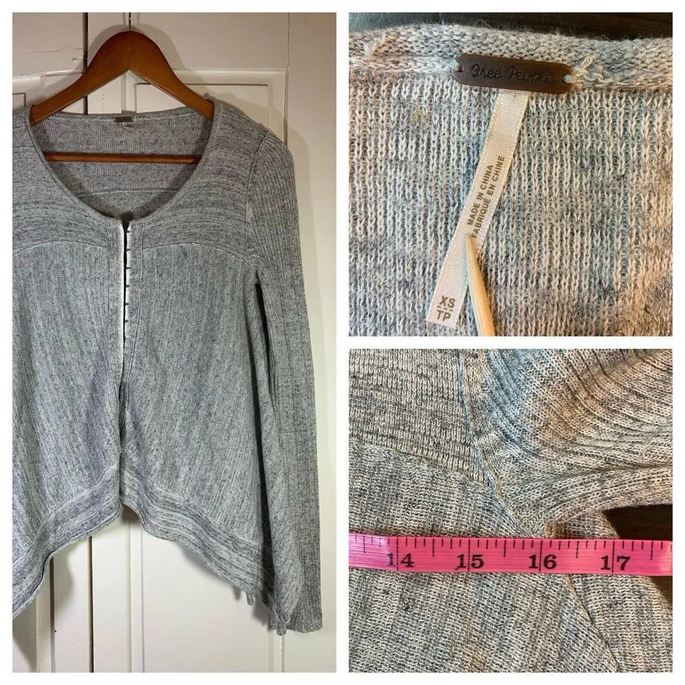 Free People BOHO Linen Blend Cardigan Sweater XS Gray Knit Artsy Lagenlook Lagom - Image 2