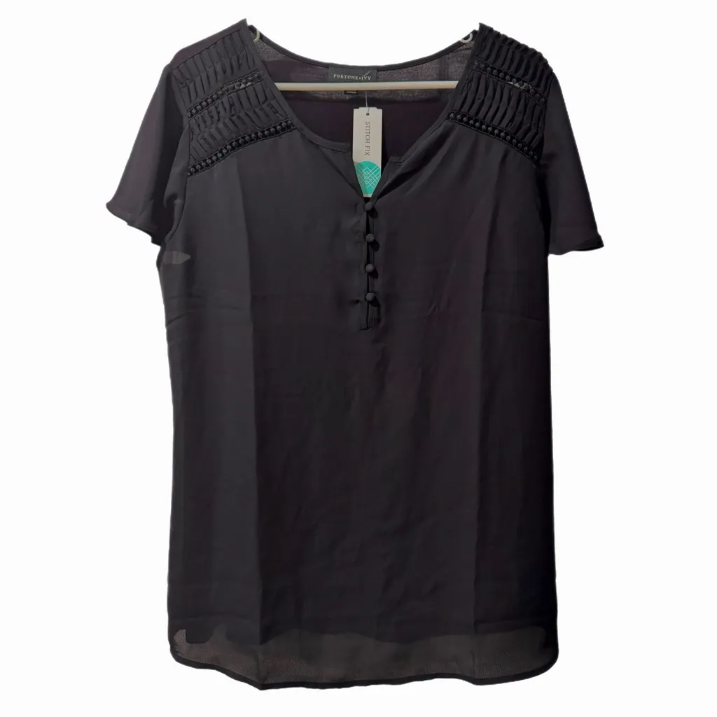 FORTUNE + IVY Stitch Fix Livey Blouse Black Flutter Sleeve Button Front Womens M - Image 6