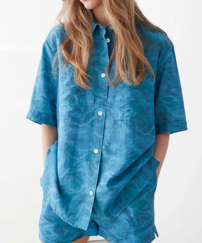 Blue Wavy Printed Short Sleeve Boxy Button Up Shirt Size XS - Image 20