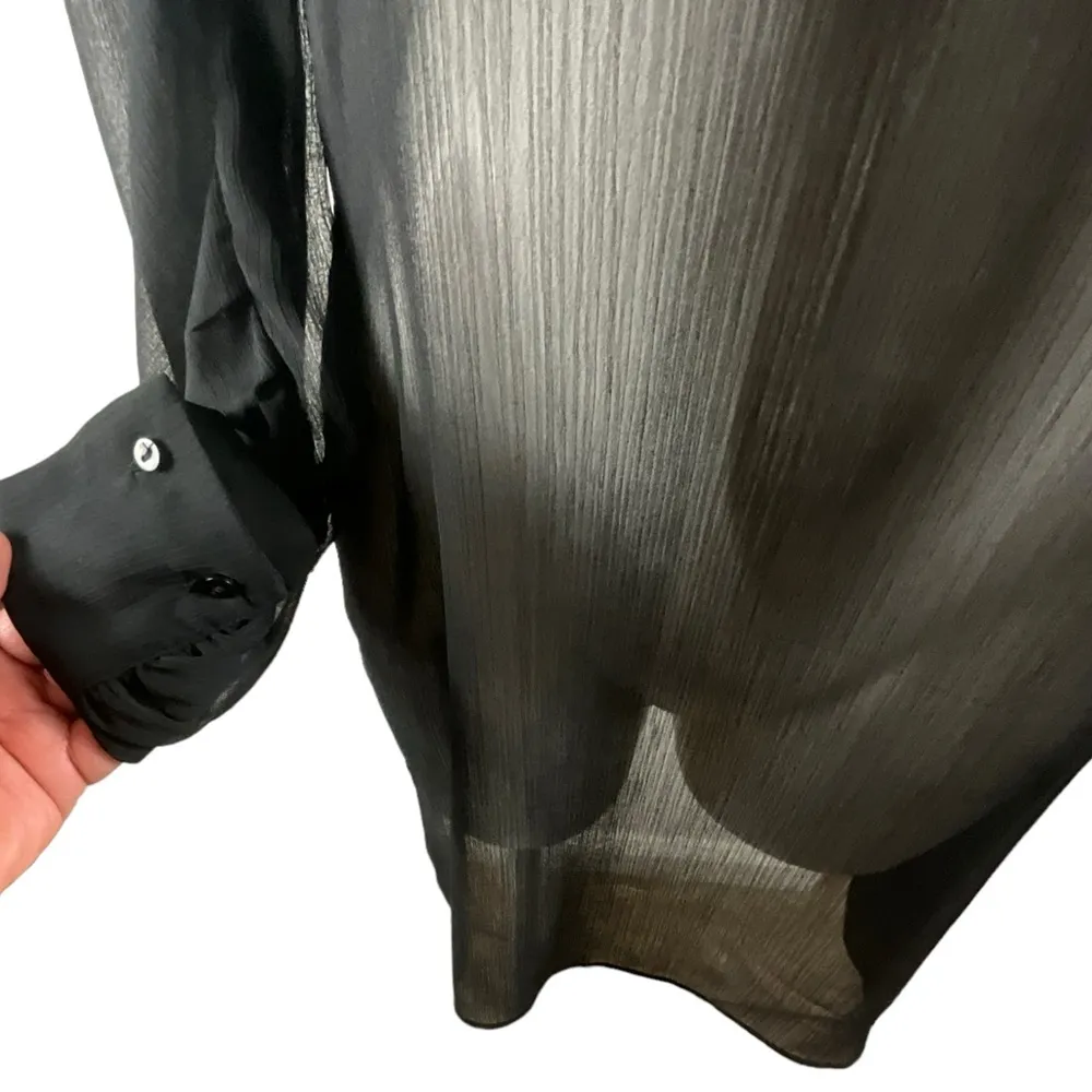 Zara Black Sheer Smocked High Neck Smocked Front Panel Ruched Sleeve Dress - Image 7