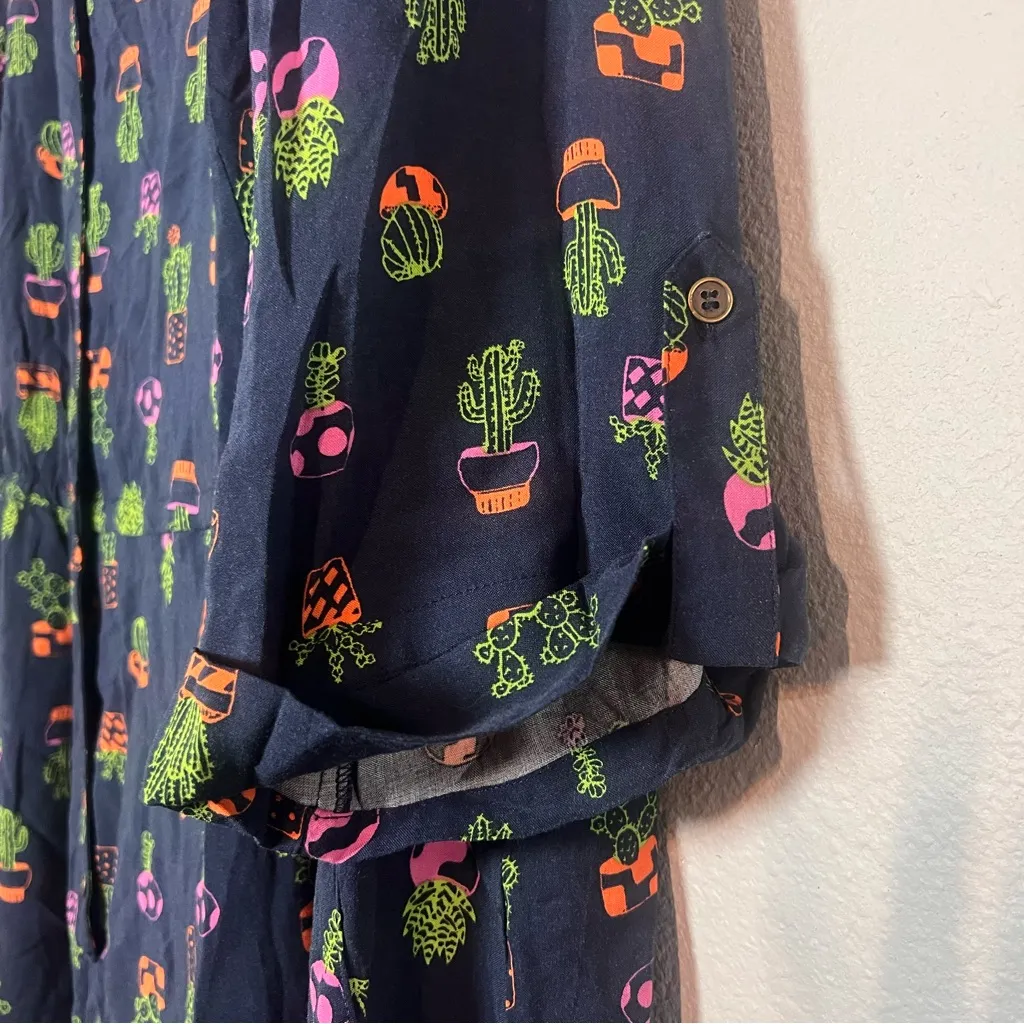 ModCloth Romper Cactus Plant Navy Blue Size 4X Long Sleeve Collared NWT - Image 7