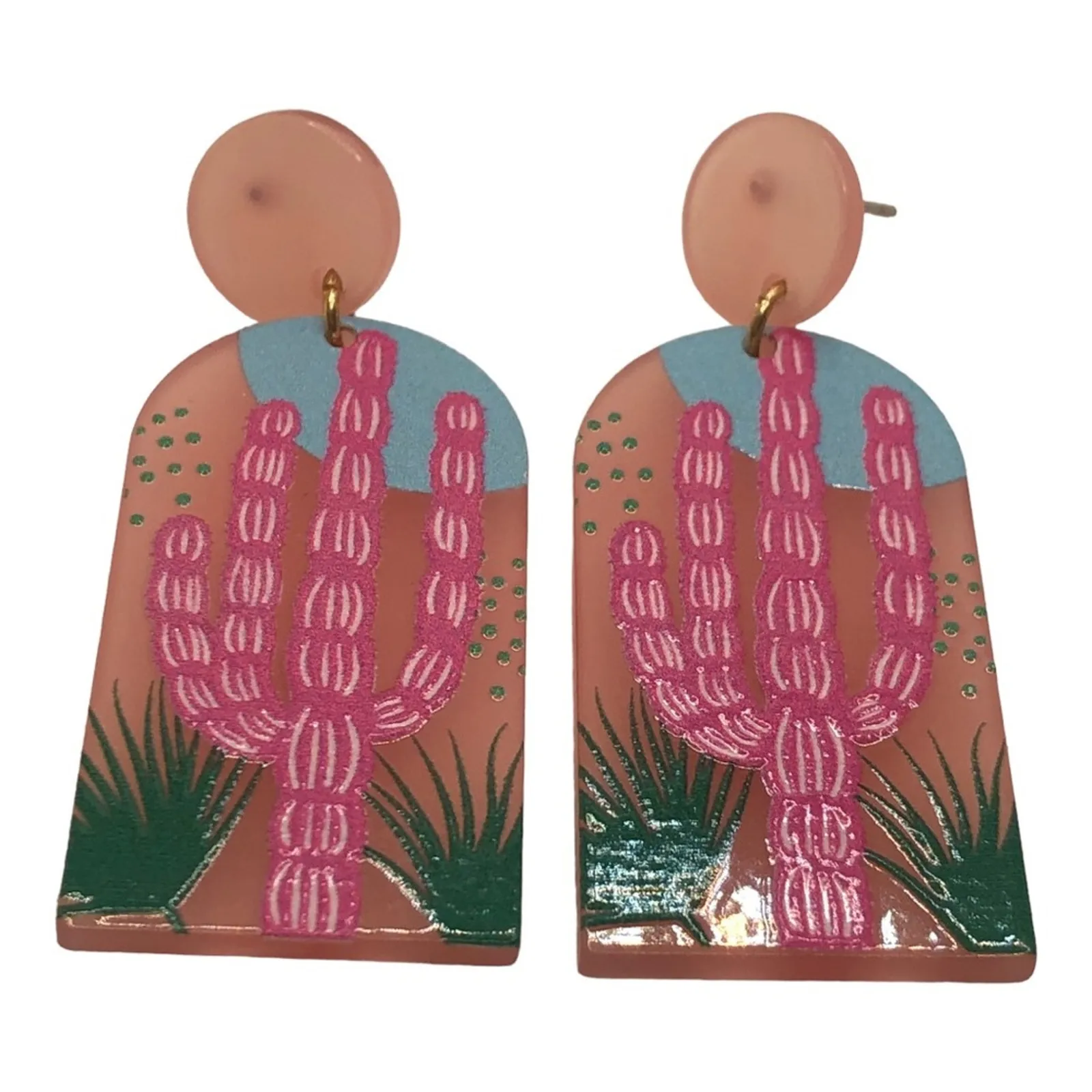 Prickly Pear Cactus Scene Post Dangle Earrings, Lightweight, Pink, Green, Blue Pink - Image 3