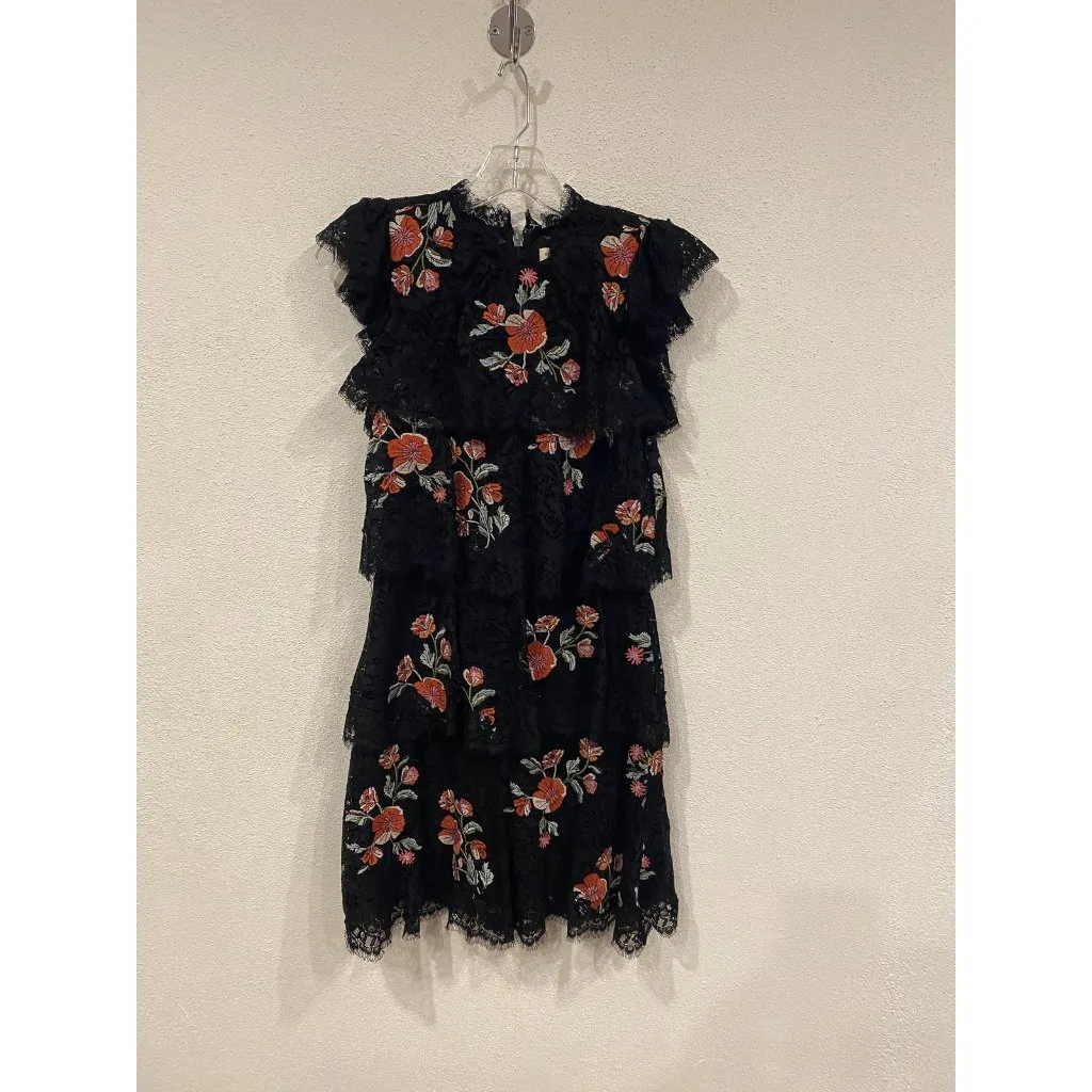 Rebecca Taylor Kelsey Dress Womens 0 Black Embroidered Lace Ruffle Tiered Floral - Image 2