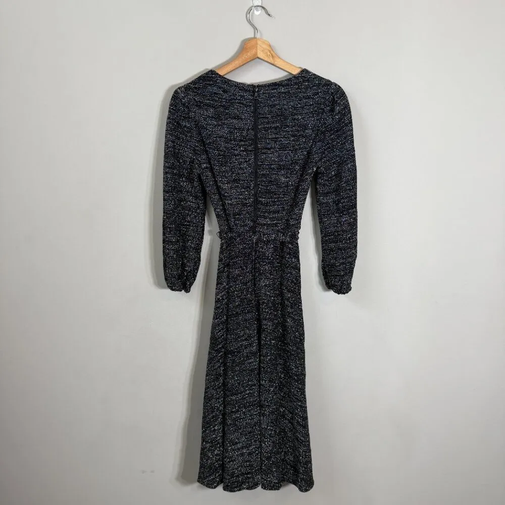 Alice + Olivia Coco Metallic Midi Dress Women's 2 Silver V-Neck Tie Waist Party - Image 6