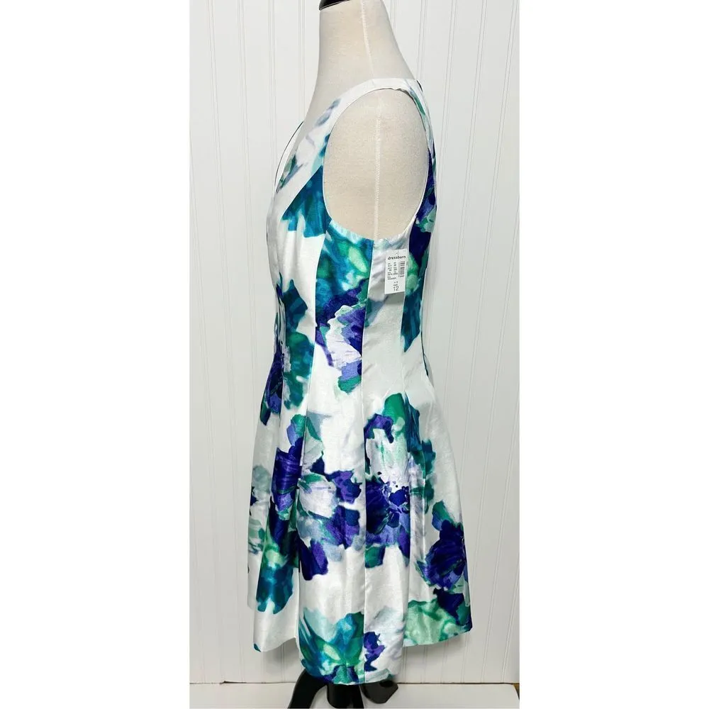 Dress Barn Floral Satin Sleeveless V- Neck Fit & Flare Mini Dress White Blue‎ 12 - Image 10