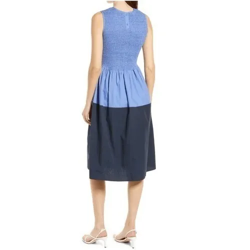 FRENCH CONNECTION Rhodes Colorblock Smocked Poplin‎ Dress, Size 8, Blue, NWT - Image 5