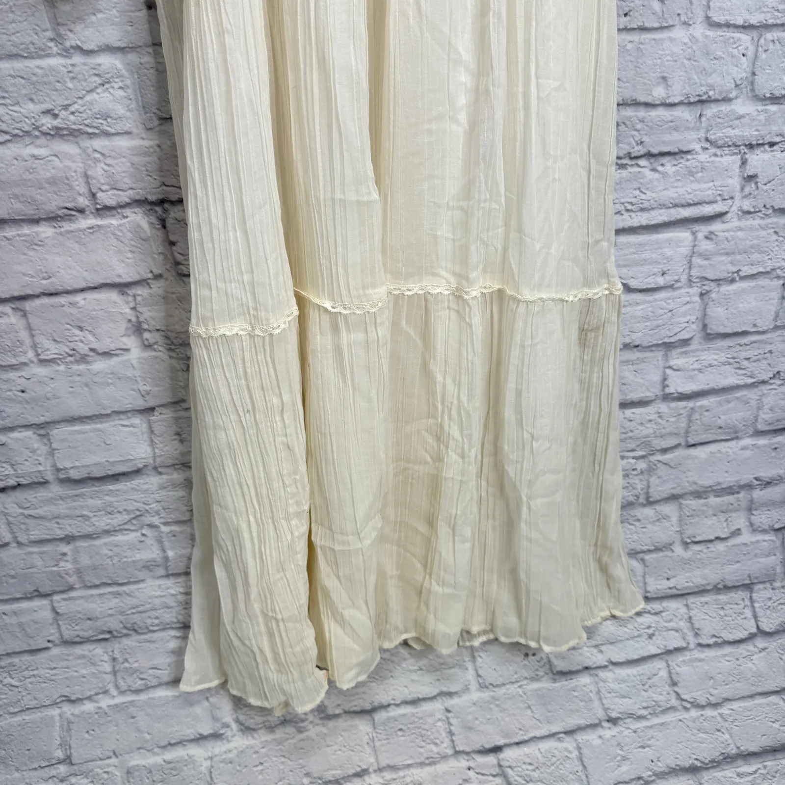 Vintage Cotton Gauze Ivory White Long Sleeve Maxi Gown 70s Size S Empire Tie - Image 8