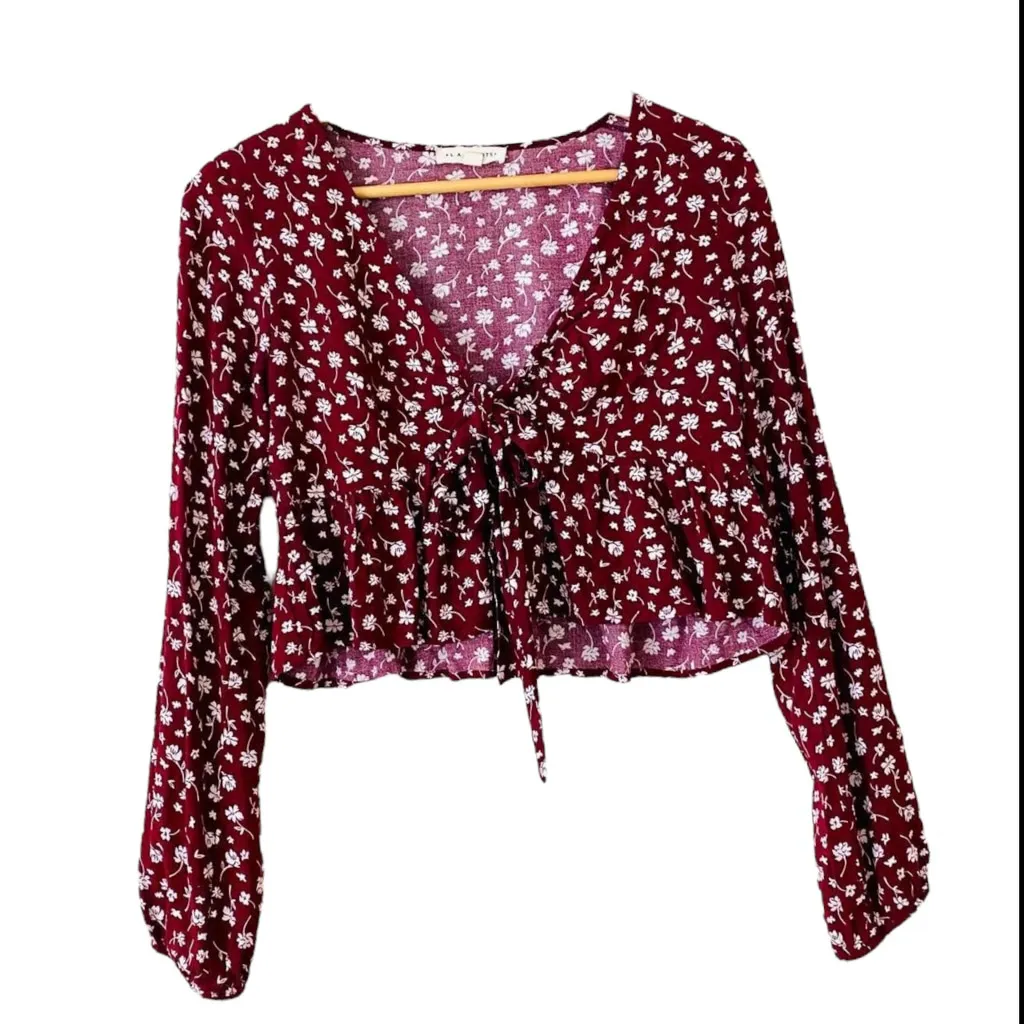 PacSun L.A. Hearts Floral Tie Front Long Sleeve Crop Blouse Burgundy White Med - Image 2