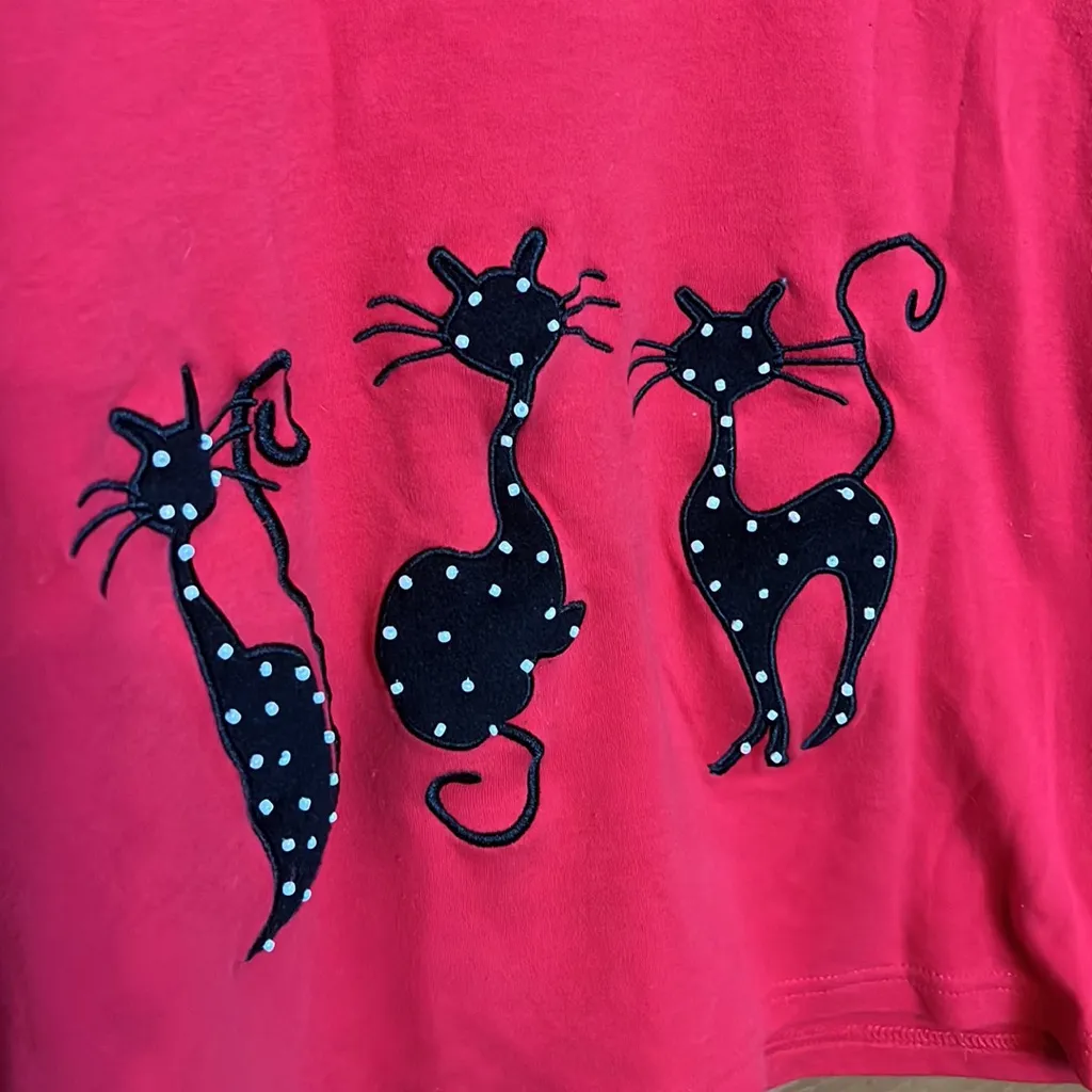 Vintage Peanut Butter & Jelly Cat Embroidered Beaded 3/4 sleeve Shirt Polka Dot Red Size L - Image 2