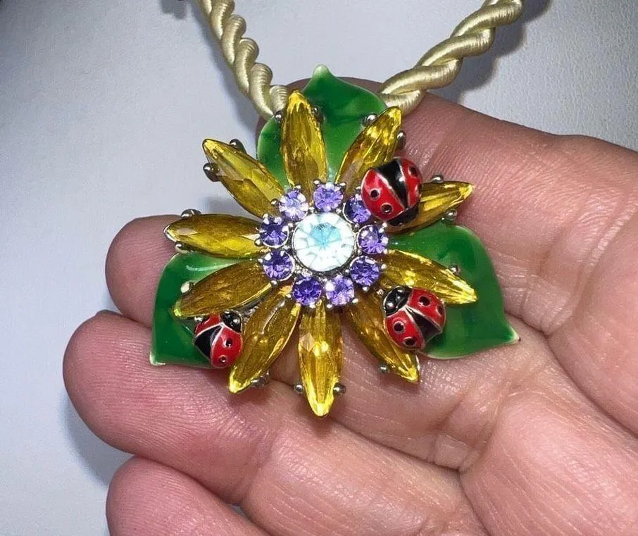 Enameled Flower and Ladybug Pendant on Silk Cord Necklace - Image 4