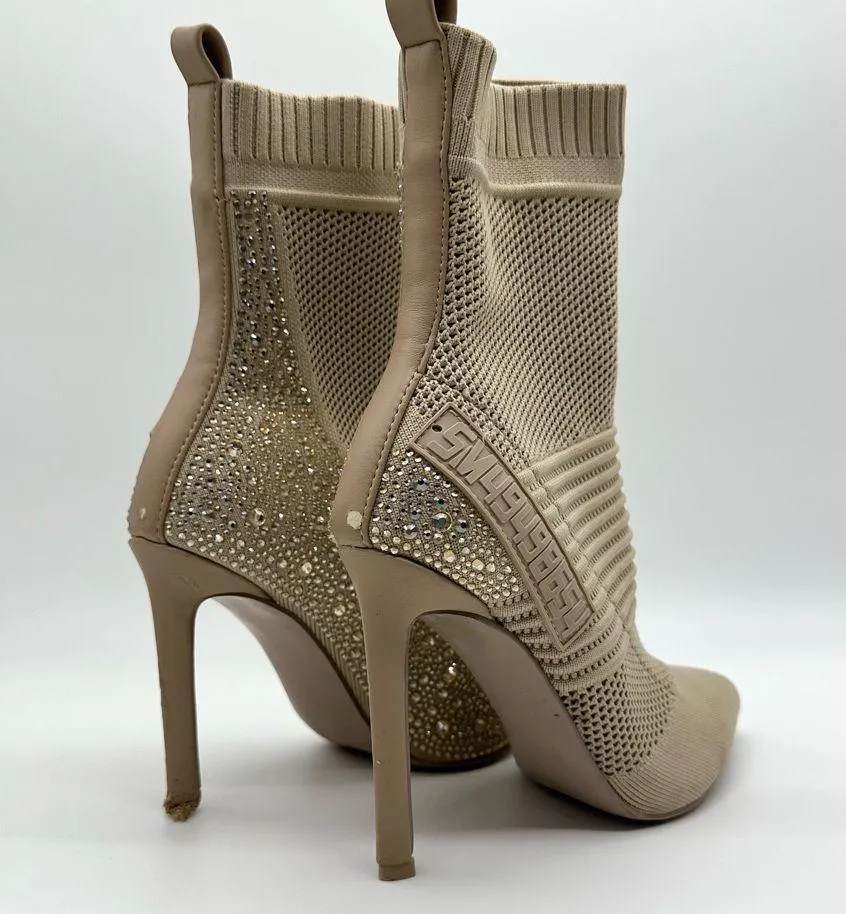 Steve Madden Women's Rhinestone Maxwelle Sock Ankle Boot 6.5 Cream Pointed Toe - Image 8