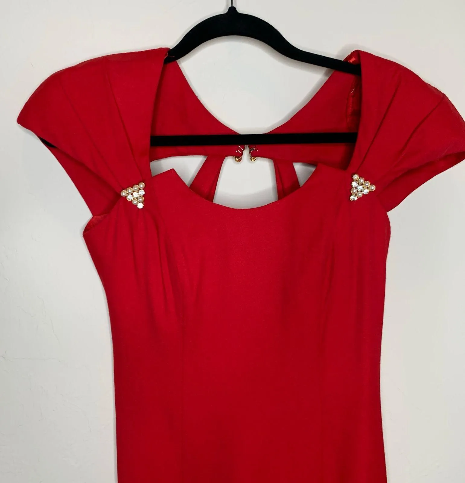 Vintage 80s Red Sexy Cutouts Sheath Dress Sz 2 Rhinestone Details - Image 8
