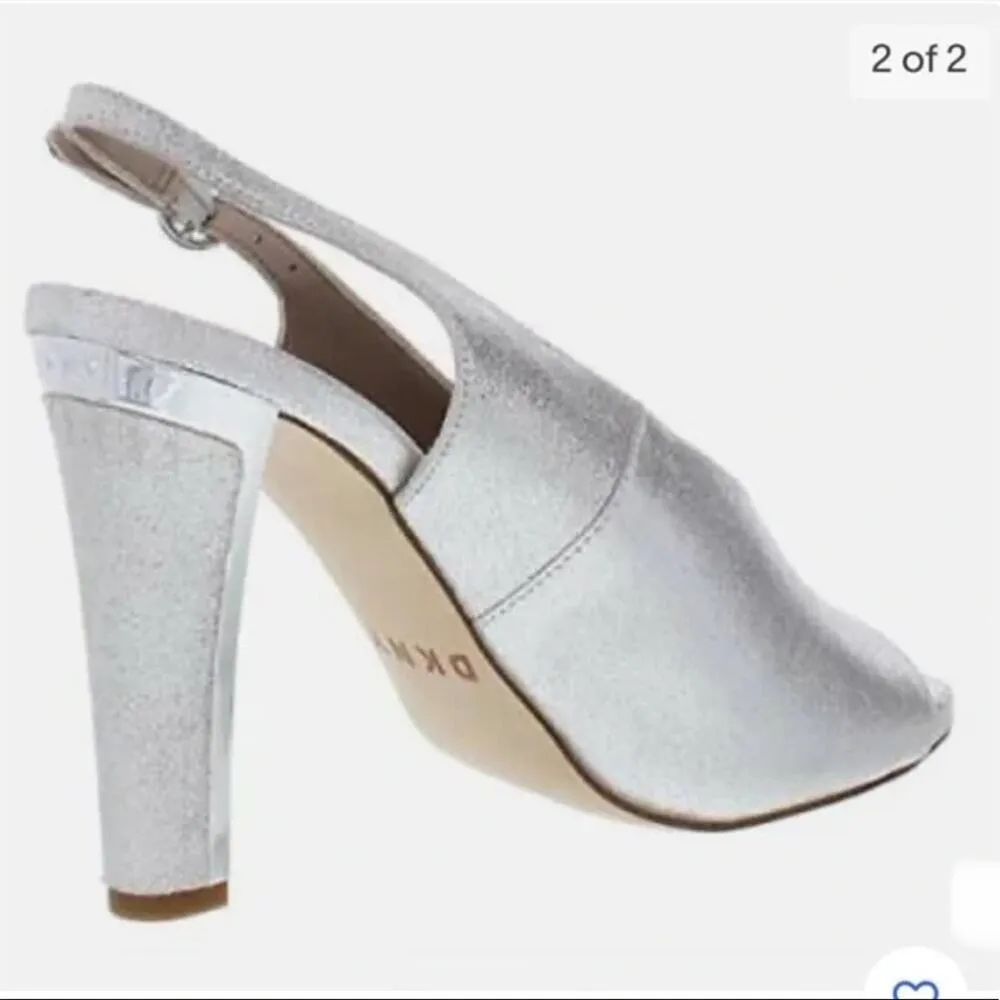 DKNY Glitz MET Suede Leather Silver Peep Toe Cocktail Party Sandal Heels - Image 2