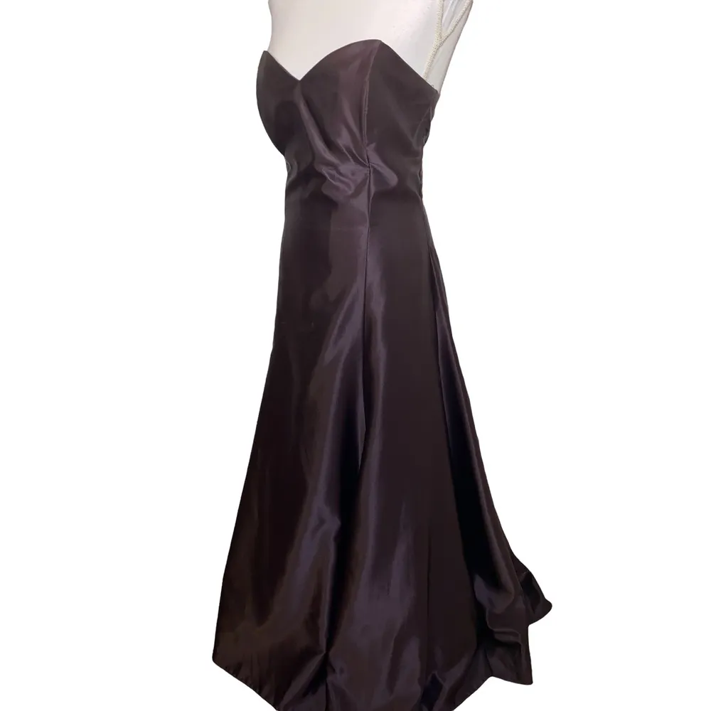 Vintage 90s Jessica McClintock Sweetheart Strapless Satin Gown, Chocolate Brown - Image 2