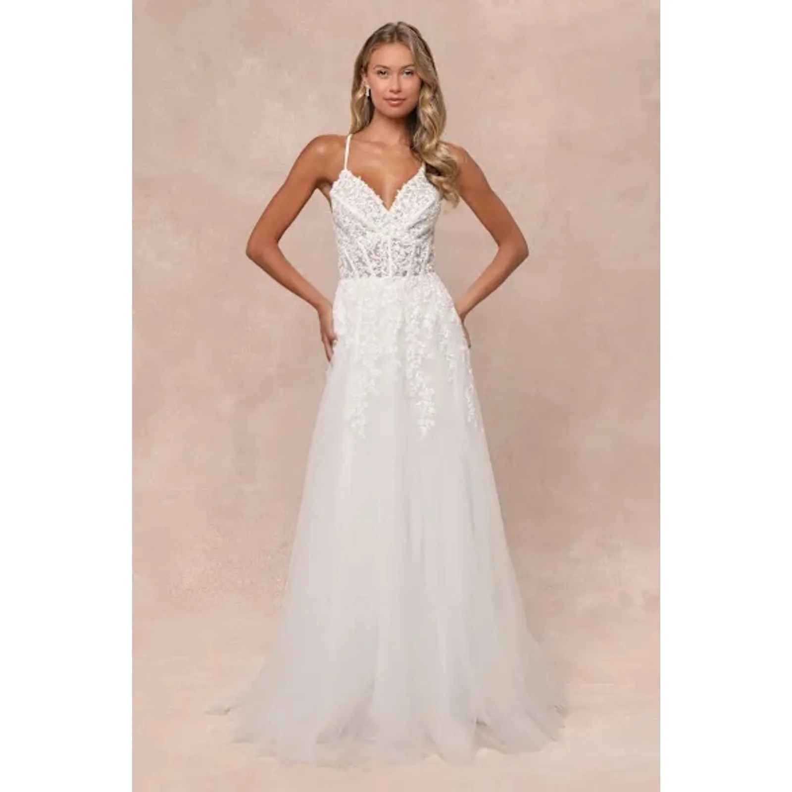 NWT Lulus Glorious Luxury White Sheer Tulle Embroidered Beaded Maxi Dress Size M - Image 2