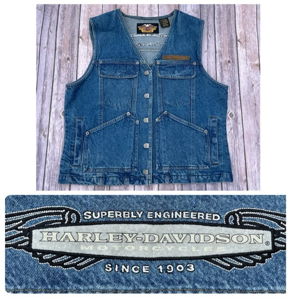Vtg Harley Davidson Motorcycle Vest L 12 14 Trucker Denim Jean Sleeveless Jacket Blue Size L - Image 2