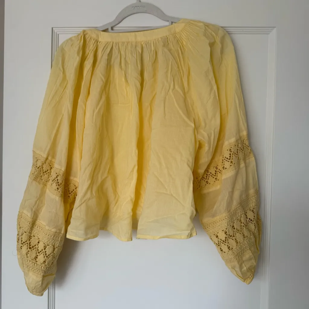 Aerie Long Sleeve Crochet Button Down Shirt in Butter Yellow 100% Cotton Small - Image 9