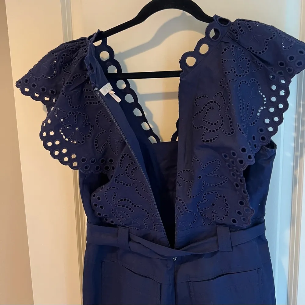 Rebecca Taylor Ariana Eyelet Embroidered Navy Indigo Blue Jumpsuit | Size 8 - Image 10