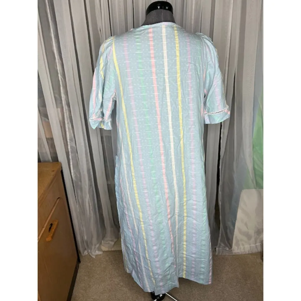 striped house dress duster vintage cotton pastel blue pink yellow Size 2X - Image 6