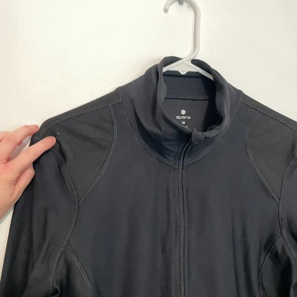 APANA Solid Black Full Zip Zipper Collared Thumbholes Active Jacket Track Jacket - Image 5