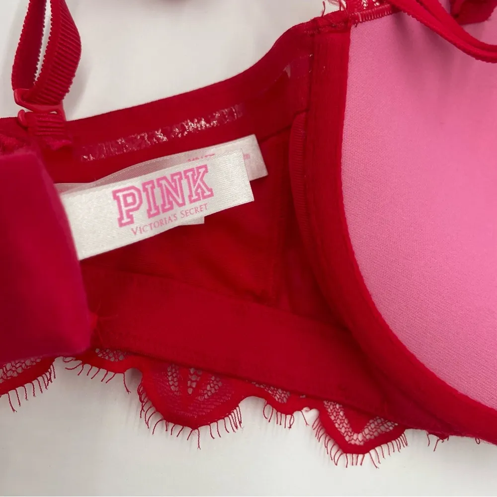 Victoria's Secret Bra Date Plunge Push Up Multi-Way 34D Lace Padded Hot Pink Red - Image 6