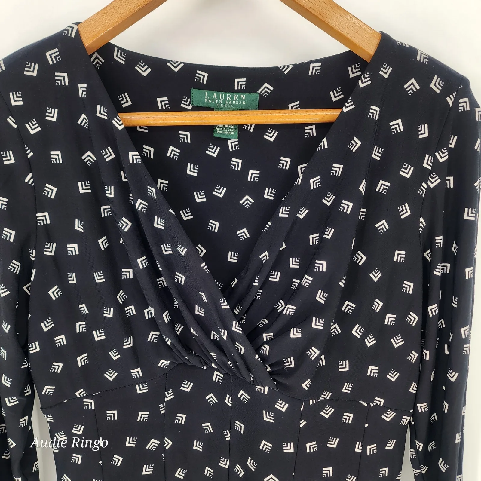 Lauren Ralph Lauren Black Geometric Print Long Sleeve Fit & Flare Dress Size 10 - Image 2