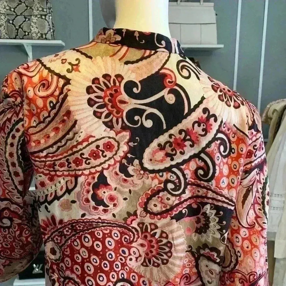 ZARA Tunic Red Paisley High Mock Neck Banded Collar Split Sides Size S - Image 9