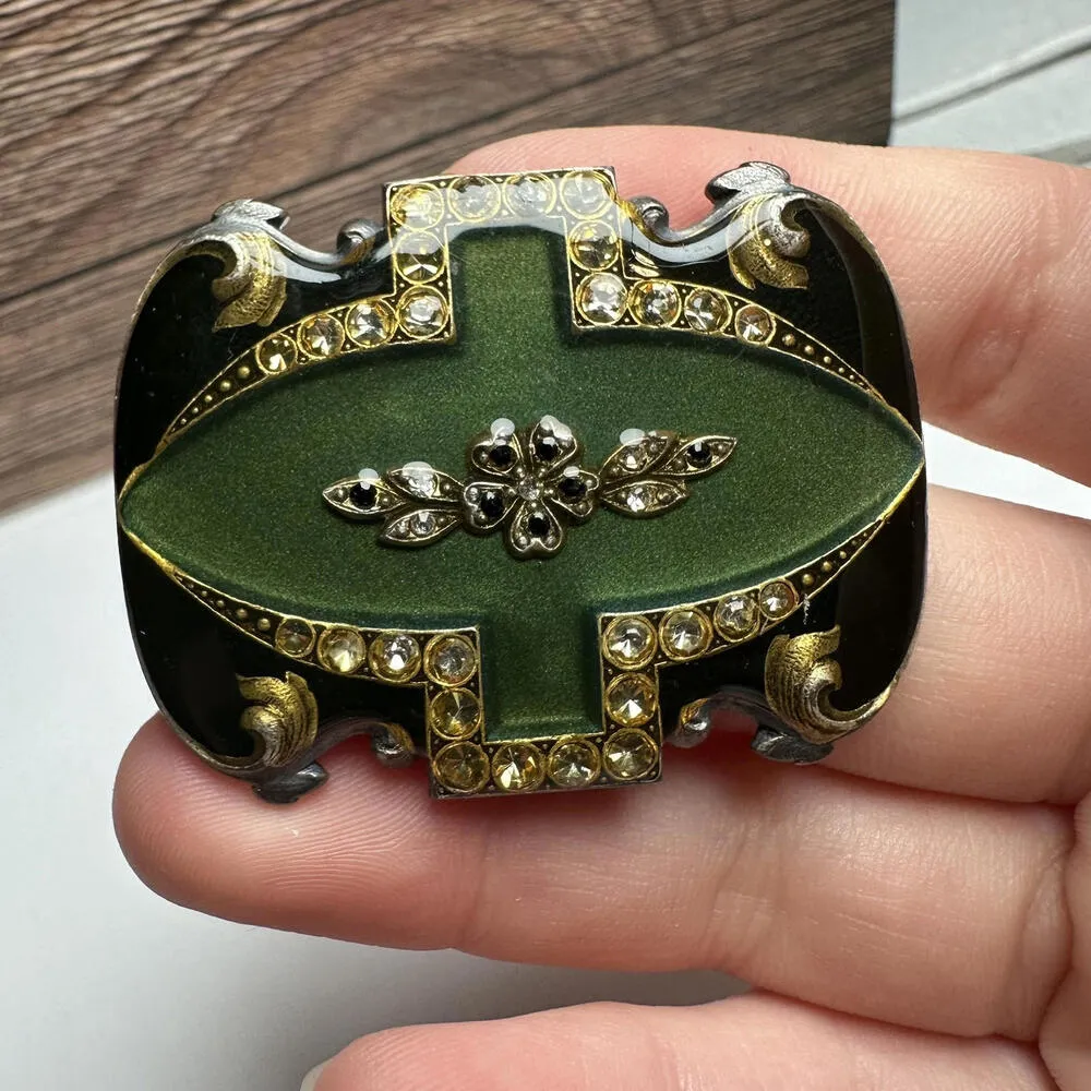 Catherine Popesco France Green & Black Enamel With Rhinestone Brooch Pin - Image 13