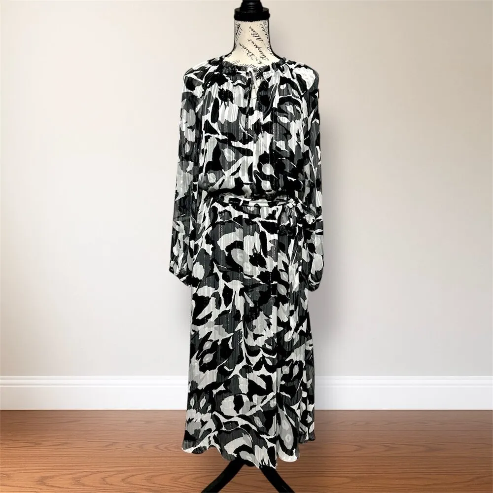 WHBM Black White Chiffon Belted Midi Dress Sheer Long Sleeve Cocktail Party S - Image 3