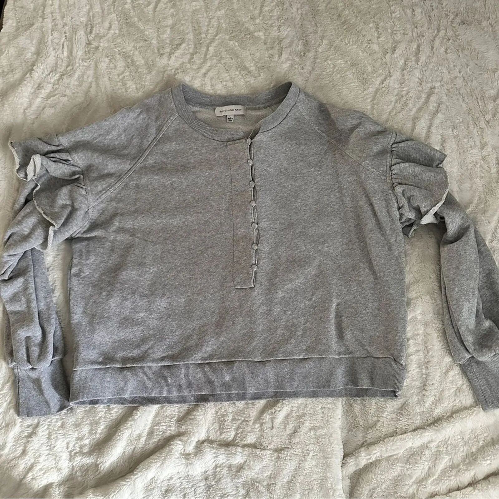 Something Navy Size Large Gray Ruffle Round Neck Sweater Cozy Casual Chic Lounge - Image 7