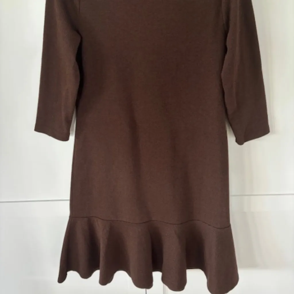 LRL Ralph Lauren Sz M Brown 3/4 Sleeve Herringbone A Line Career Ruffle Dress - Image 2
