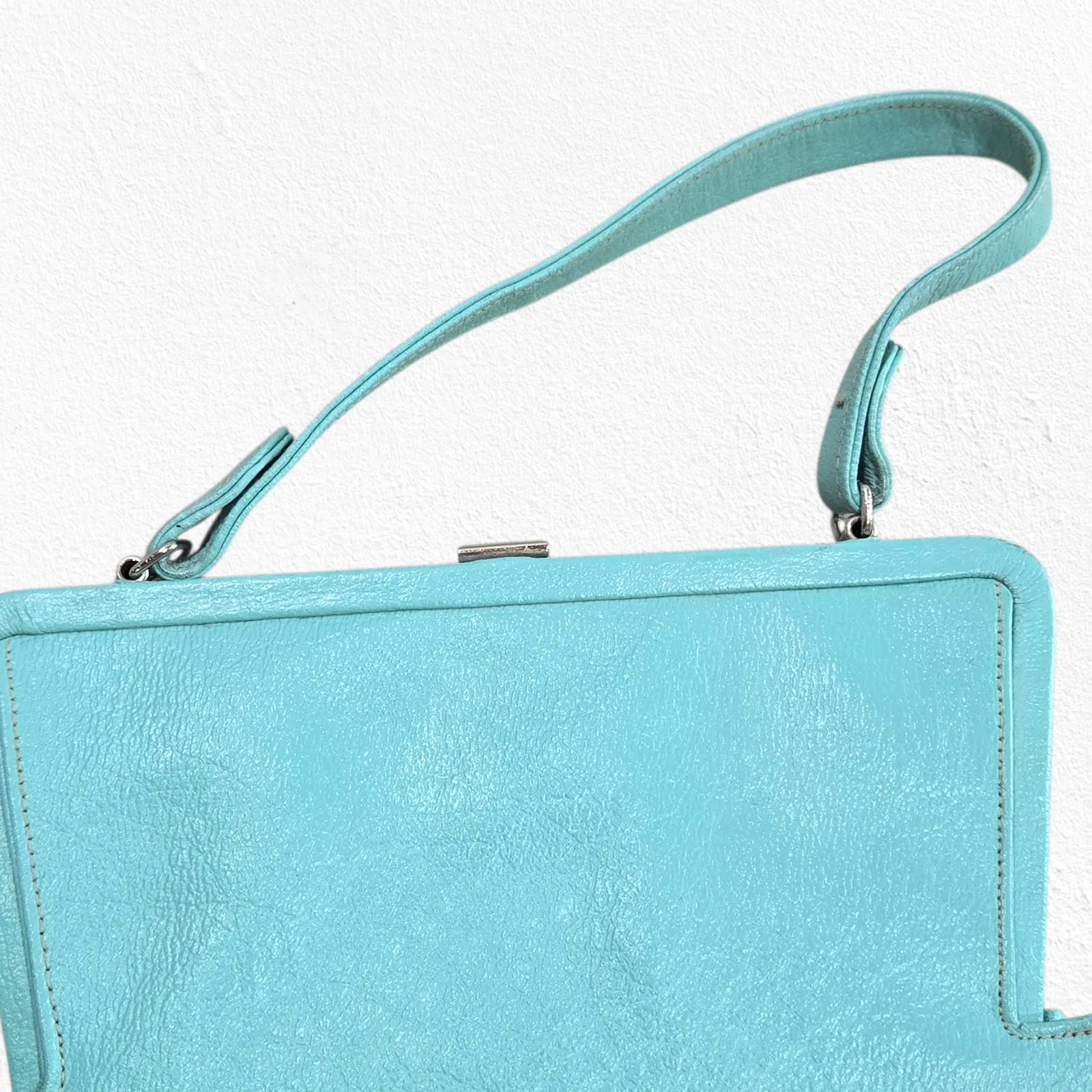 Vintage 50s Leather Handbag Robins Egg Blue Top Handle Purse Bass by Jacqueline - Image 13
