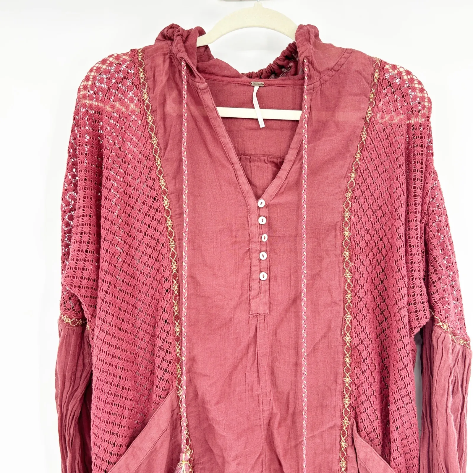 Free People Womens Boho Gauzy Most Loveliest Hoodie Dress Crochet Sleeve Size M - Image 5