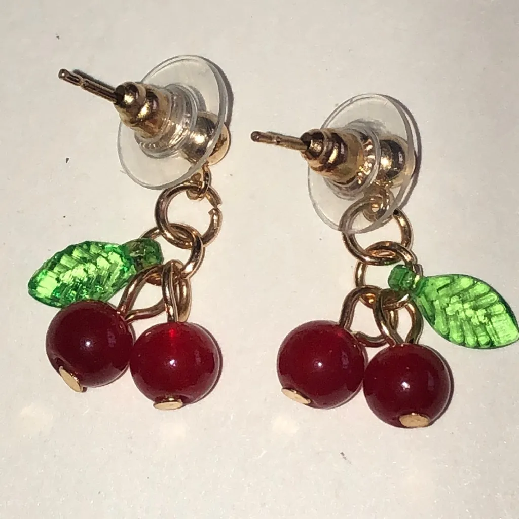 Gold Tone Cherry Drop Earrings with Green Leaves Red - Image 4