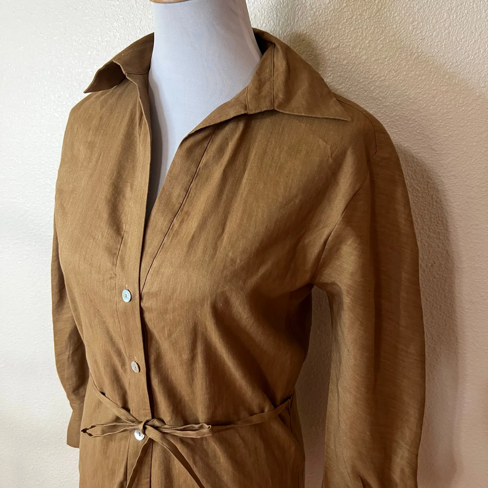VINCE. Linen-blend mini shirt dress in tobacco tan WOMENS XS - Image 4