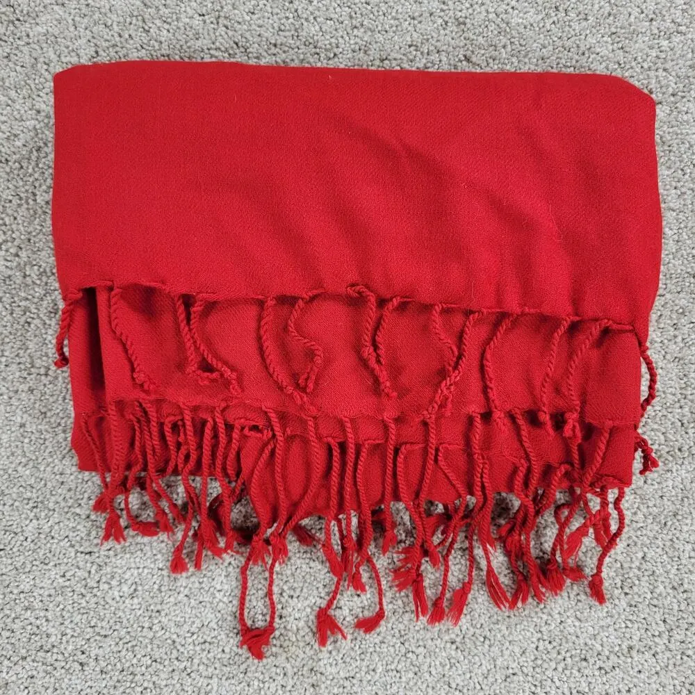 VINTAGE Company C Throw 44"W x 86" Red Pure Wool Knit Hand Twisted Fringe - Image 3