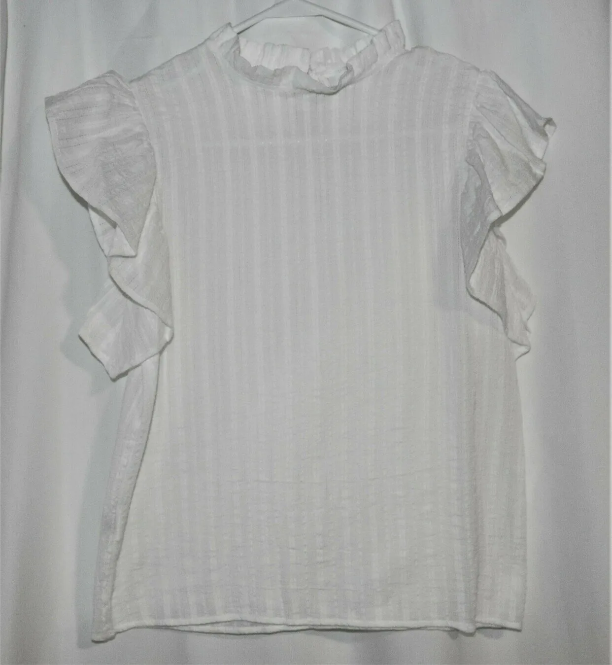 White Ruffle Blouse High Neck Flutter Sleeve Shirt Size XS petite - Image 7