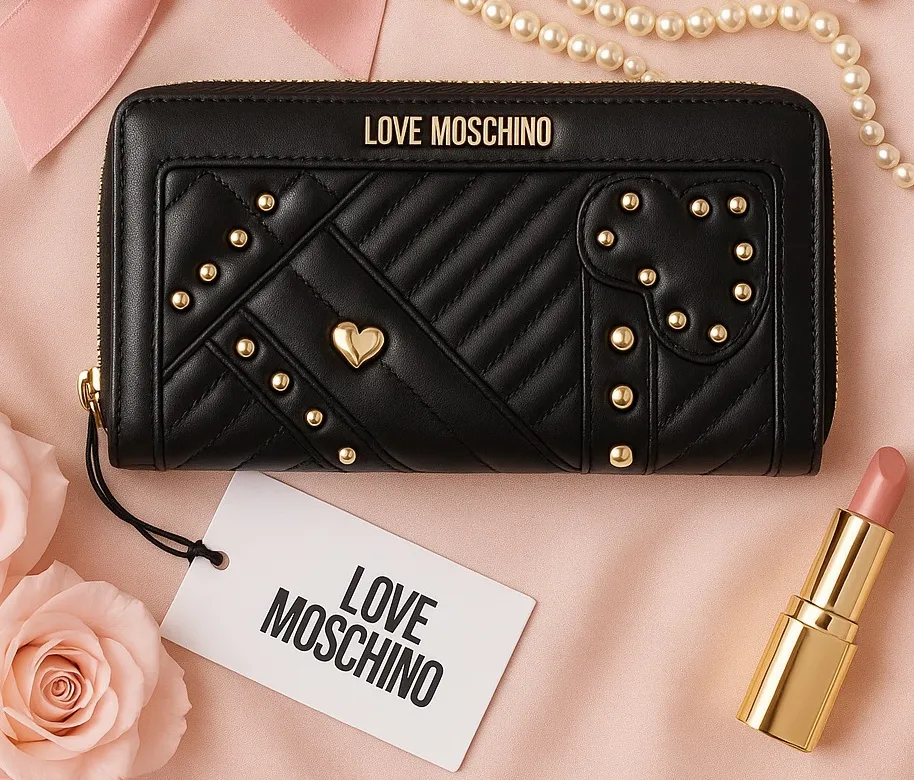 Love Moschino Black Quilted Heart Stud Zip-Around Wallet Gold Hardware NWT - Image 1
