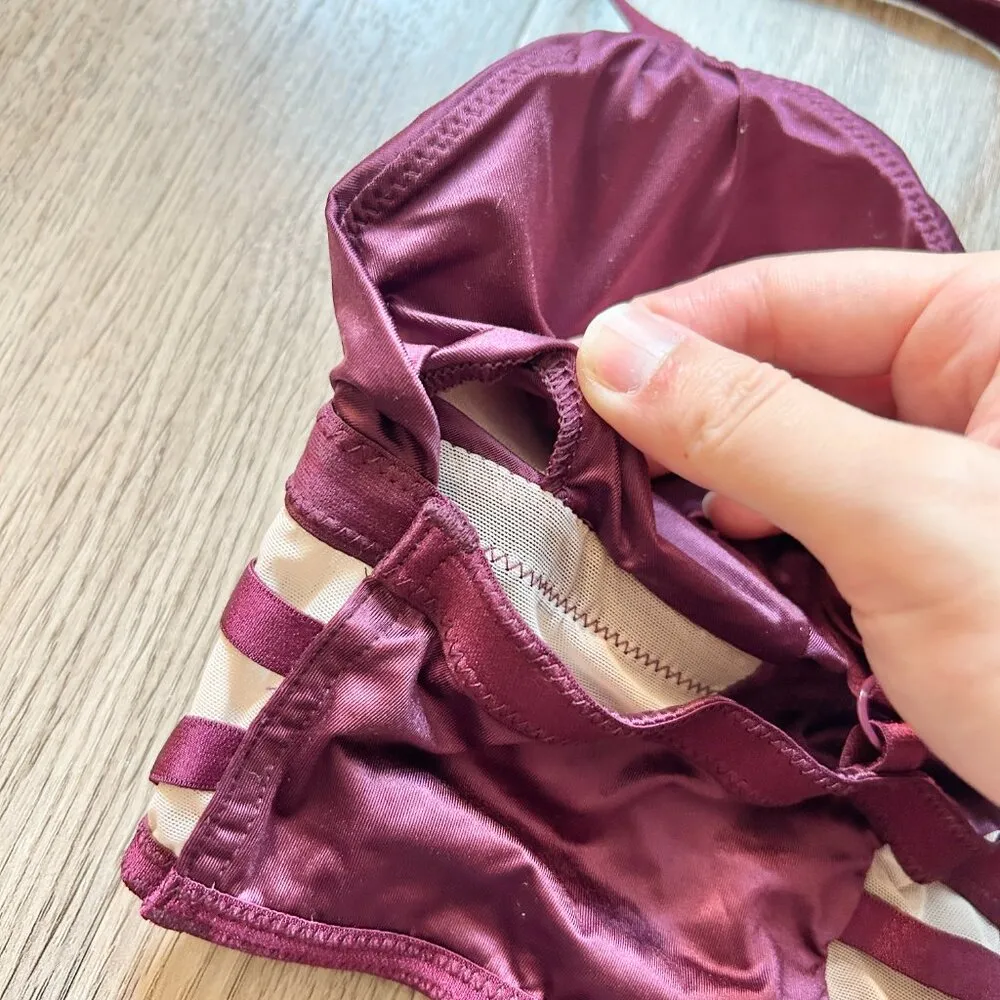 Victoria's Secret Strappy Mesh Long Line Plunge Satin Maroon Bralette Size M - Image 5