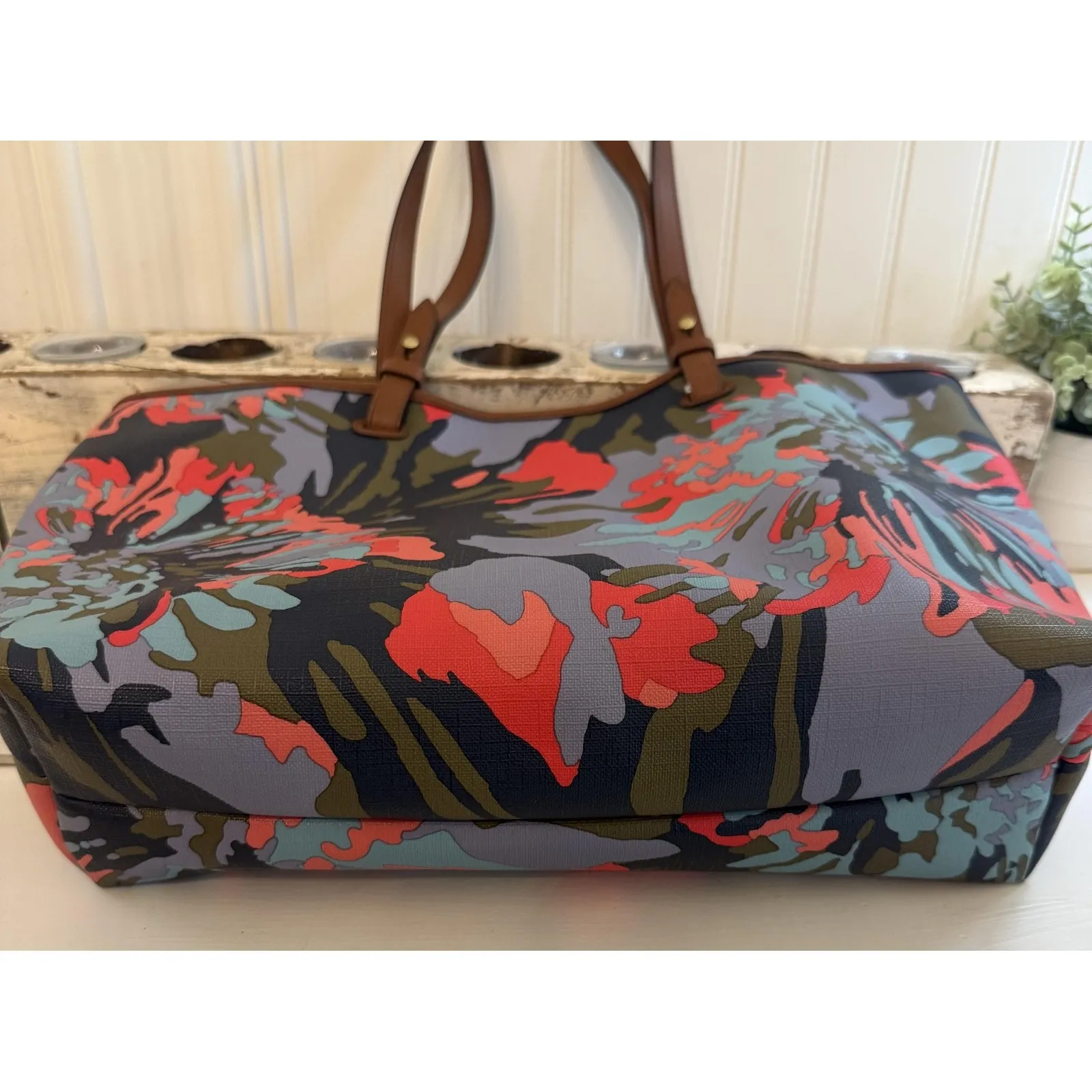 Fossil Tote Bag Womens Floral Print Coated Canvas Brown Leather Purse Wristlet - Image 5