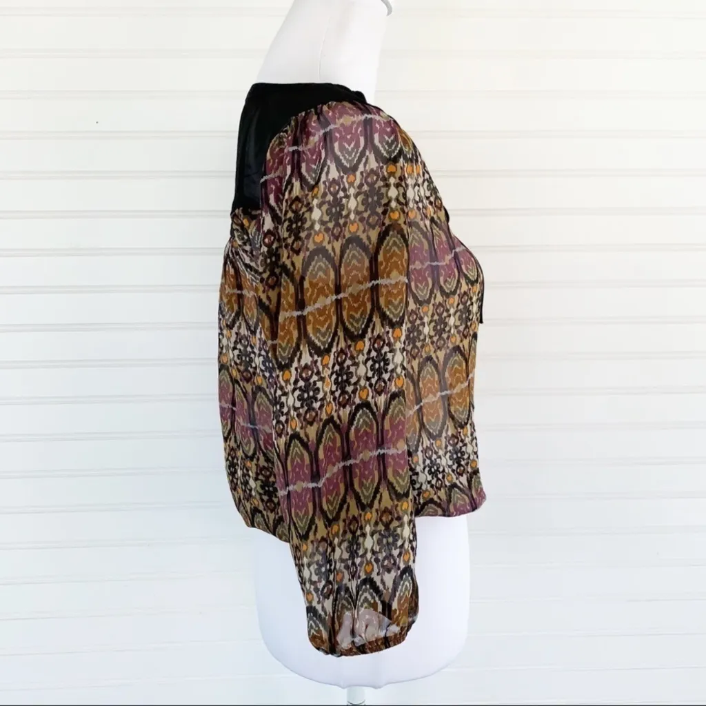 Lily Rose Sheer Boho Print Blouse XS – Tie Neck, Lined - Image 3