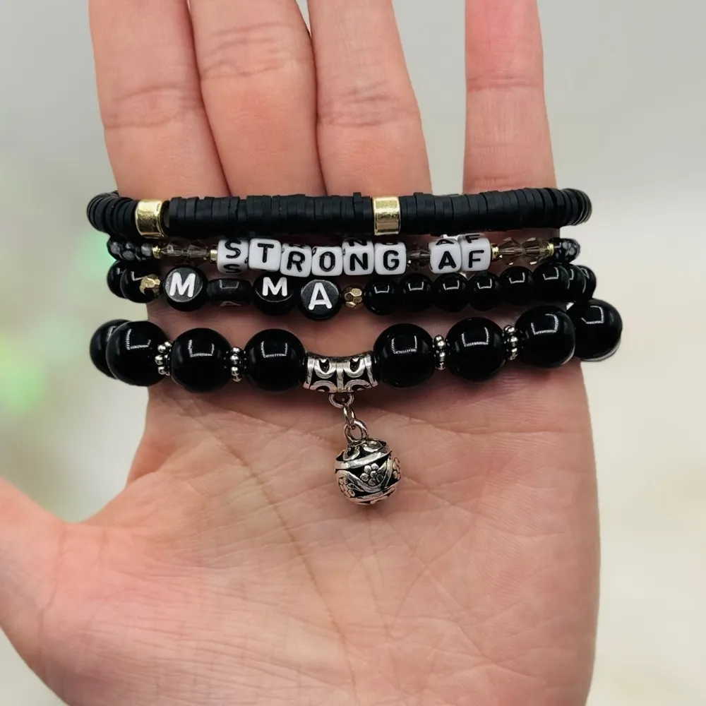 “Strong AF Mama” Arm Candy Beaded Bracelet Black - Image 4