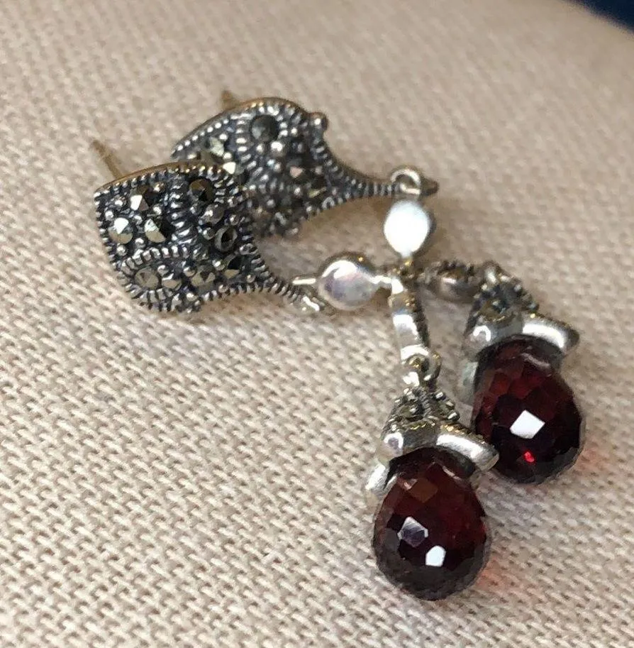 Vintage Faceted Red Garnet & Sterling Silver Marcasite Long Drop Dangle Earrings - Image 13