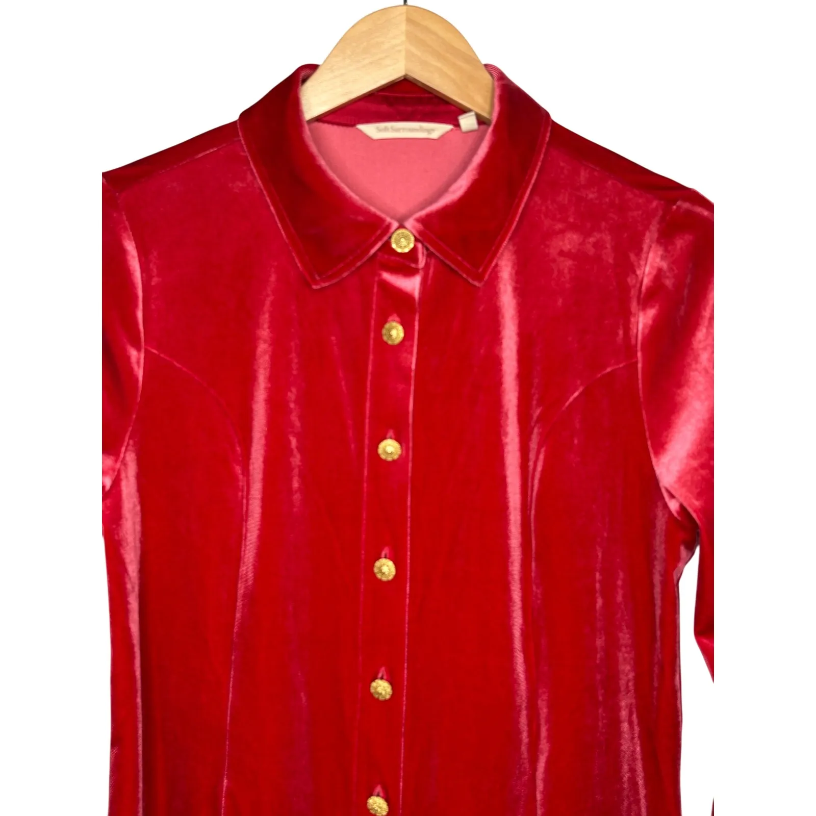 Soft Surroundings Red Velvet Button Up Shirt Long Sleeve Women Size Medium - Image 4