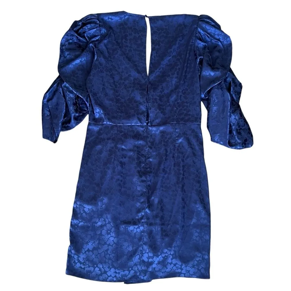 Ronny Kobo Women’s Amara Medieval Blue Floral Puff Sleeve Wrap Mini Dress Large - Image 6