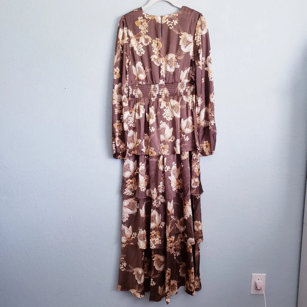 Baltic Born Montrouge Mocha Floral Tiered Satin Dress - Image 6