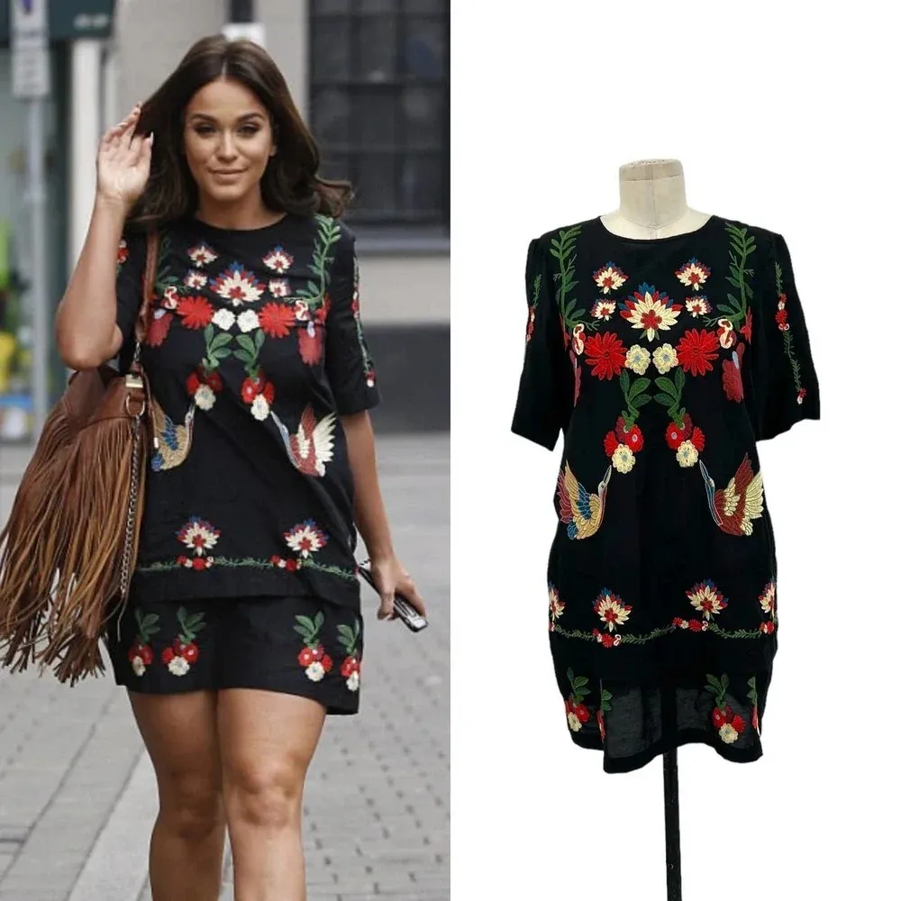 Zara Embroidered Floral Crane Bird‎ Short Black Dress Size XS - Image 2