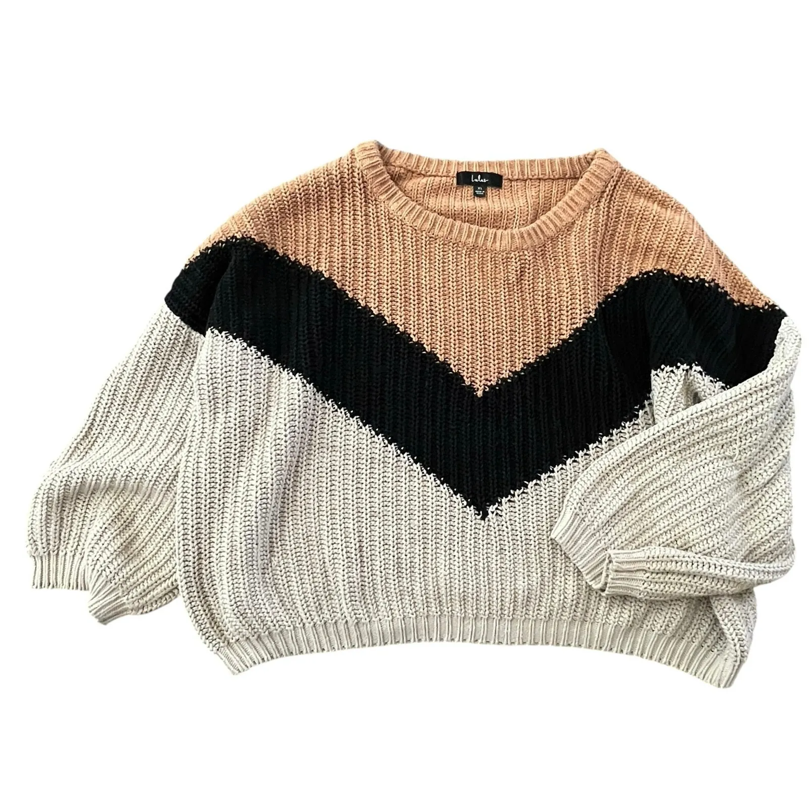 LULUS Autumn Leaves Tan Multi Stripe Knit Sweater Sz XL Chunky Fall Oversized Brown - Image 1