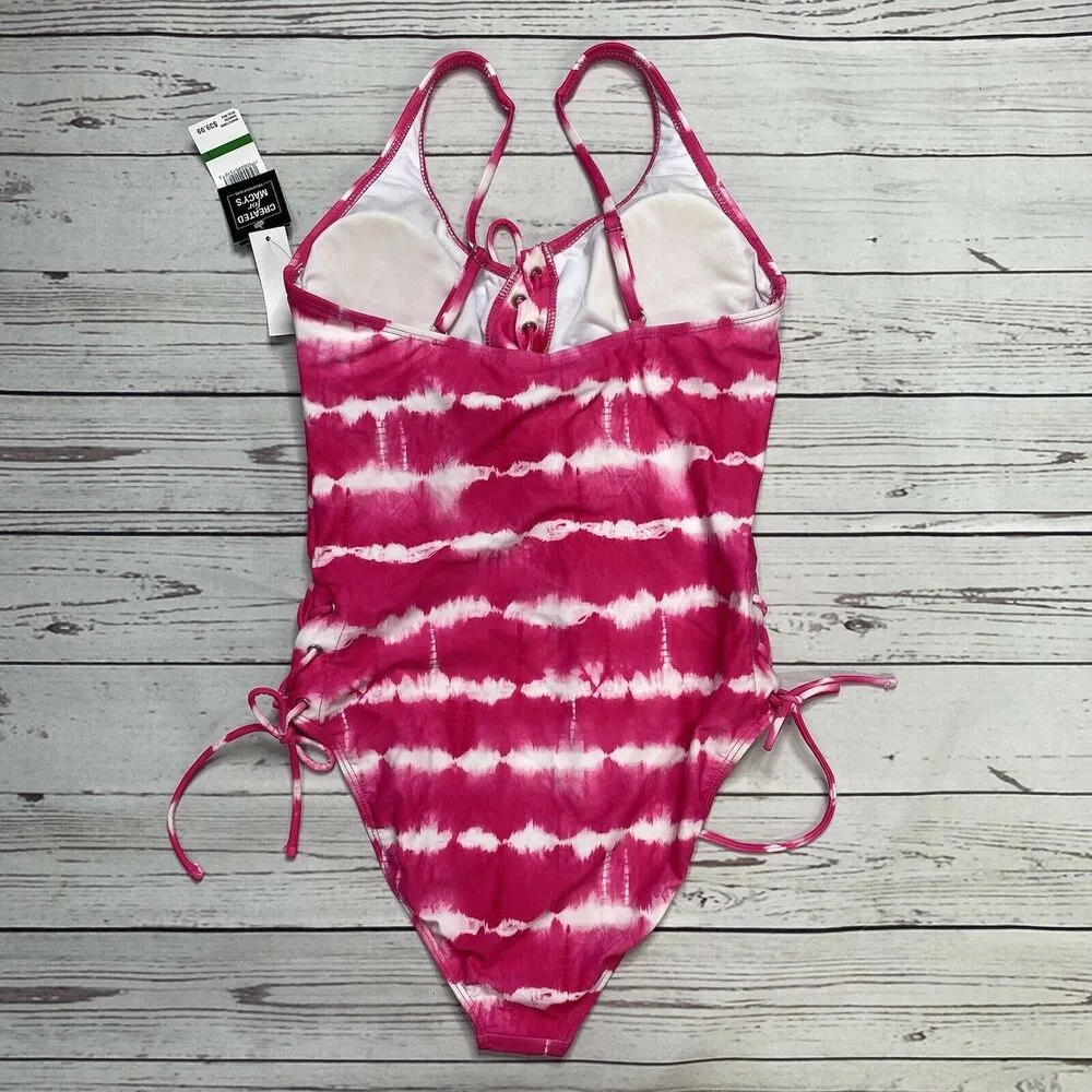 California Waves Tie Dye Stripe One Piece Swimsuit Size L Pink White Lace Up New - Image 6