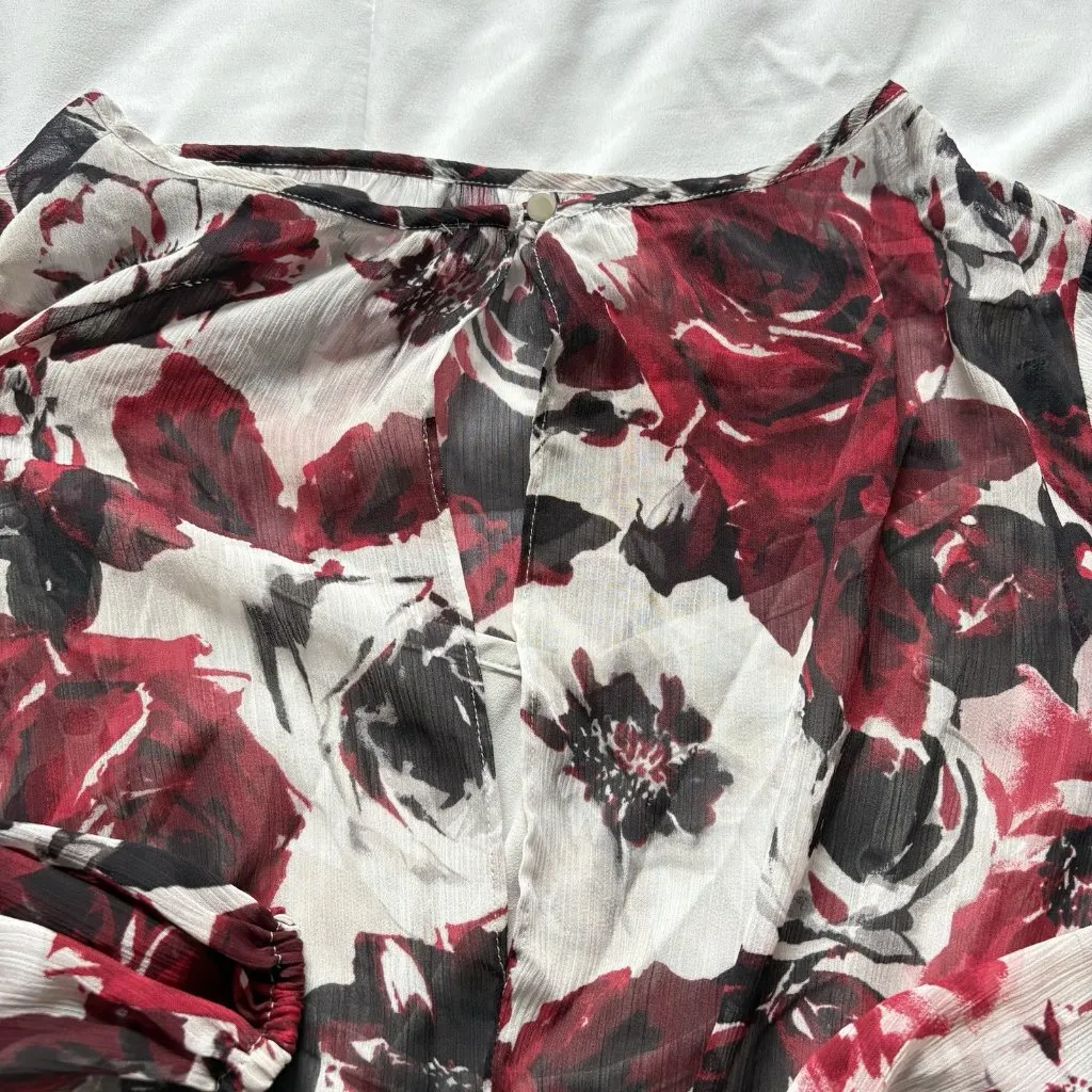 WHBM Womens Size 8 Smocked Red Black Floral Top Blouse High Neck Vintage 90s Y2K - Image 10